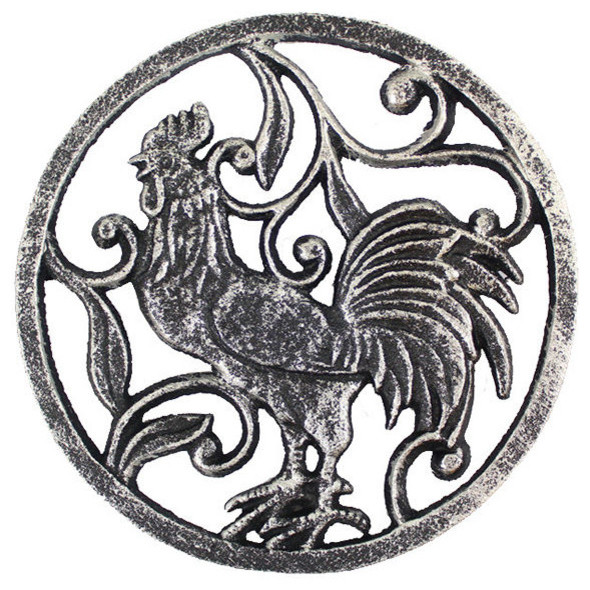 Rustic Silver Cast Iron Rooster Trivet 8"