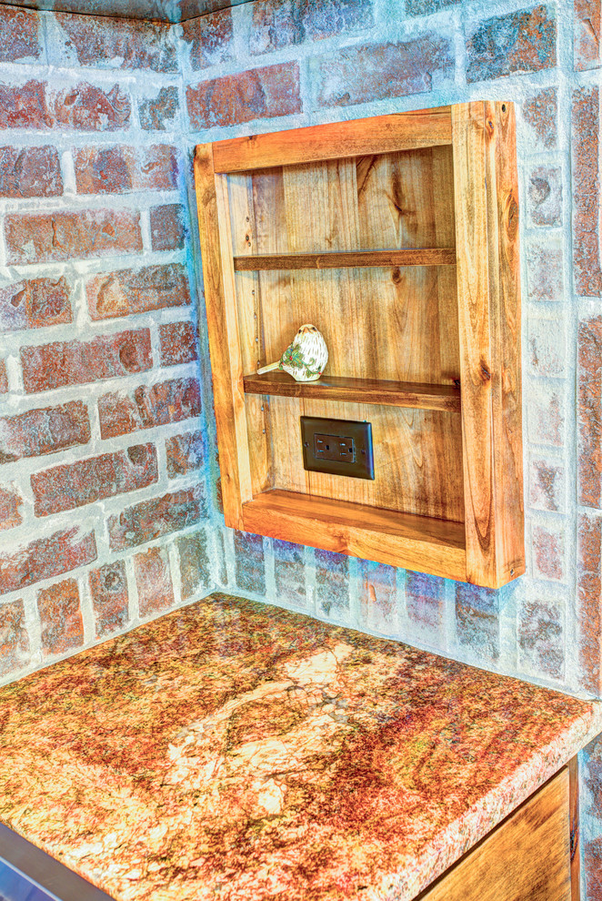 Inspiration for a large rustic u-shaped medium tone wood floor kitchen pantry remodel with a drop-in sink, glass-front cabinets, medium tone wood cabinets, beige backsplash, stainless steel appliances and an island