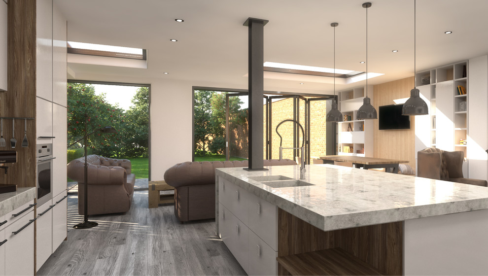 Mid-sized contemporary single-wall open plan kitchen in Other with with island.