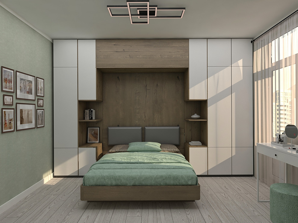 Спальня с системой хранения в изголовье кровати