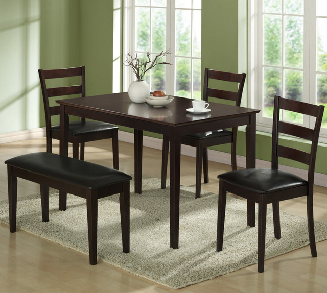 5Pcs Dining Set with a Bench and 3 Side Chairs in Cappuccino