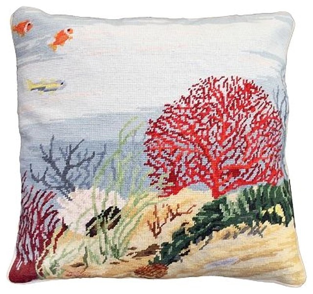 Throw Pillow Needlepoint Coral Reef Ocean Beach Style