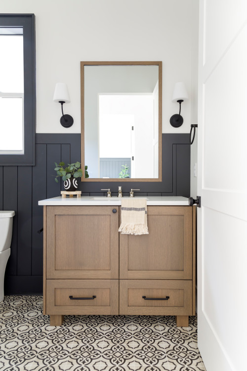 Small country kids' porcelain tile cement tile floor, single-sink and shiplap wall bathroom photo in Boise with flat-panel cabinets, medium tone wood cabinets, white walls, an undermount sink, quartz countertops, white countertops and a freestanding vanity