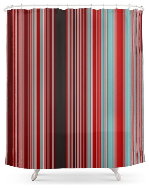 Red And Aqua Blue Line Pattern With Black Shower Curtain