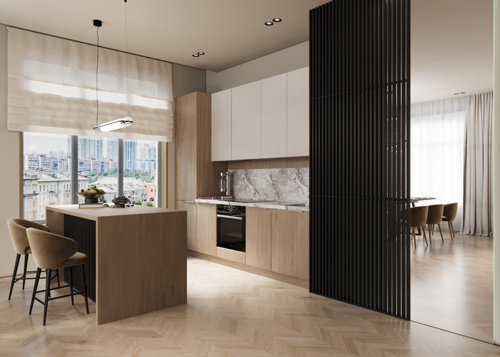 Современный минимализм кухня-гостинная