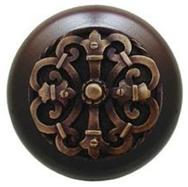 Chateau Wood Knob, Antique Brass, Dark Walnut Wood Finish And