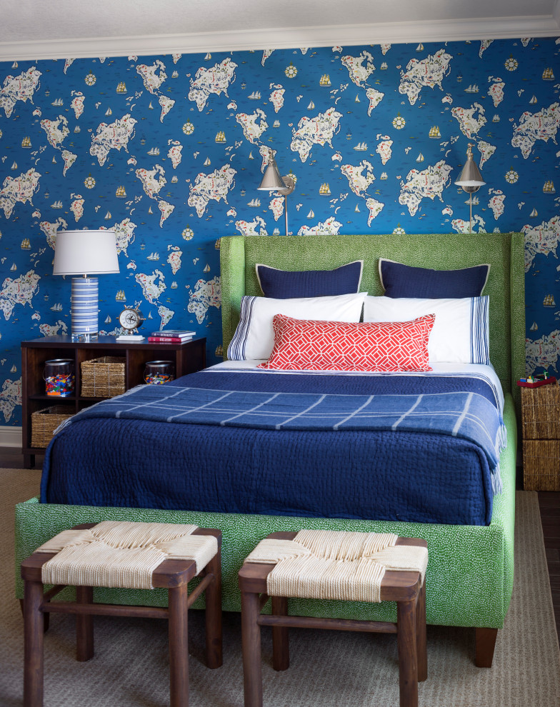 Mapping the World - The green woven fabric on the upholstered bed adds a punch of color.  Navy and white bedding is classic and easy care.  The rush stools at the foot of the bed add texture and a natural element.  Nickel wall mounted lamps provide light in the perfect place for bedtime reading.  A plaid throw blanket is washable wool.