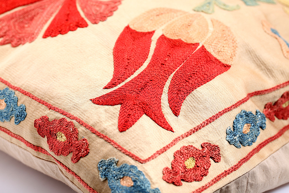 Hand Embroidered Genuine Silk Suzani Cushion Cover with Red Tulip and Carnation
