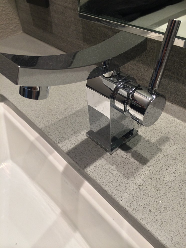 Inspiration for a mid-sized modern master white tile and porcelain tile porcelain tile bathroom remodel in San Diego with an undermount sink, black cabinets, quartzite countertops and gray walls