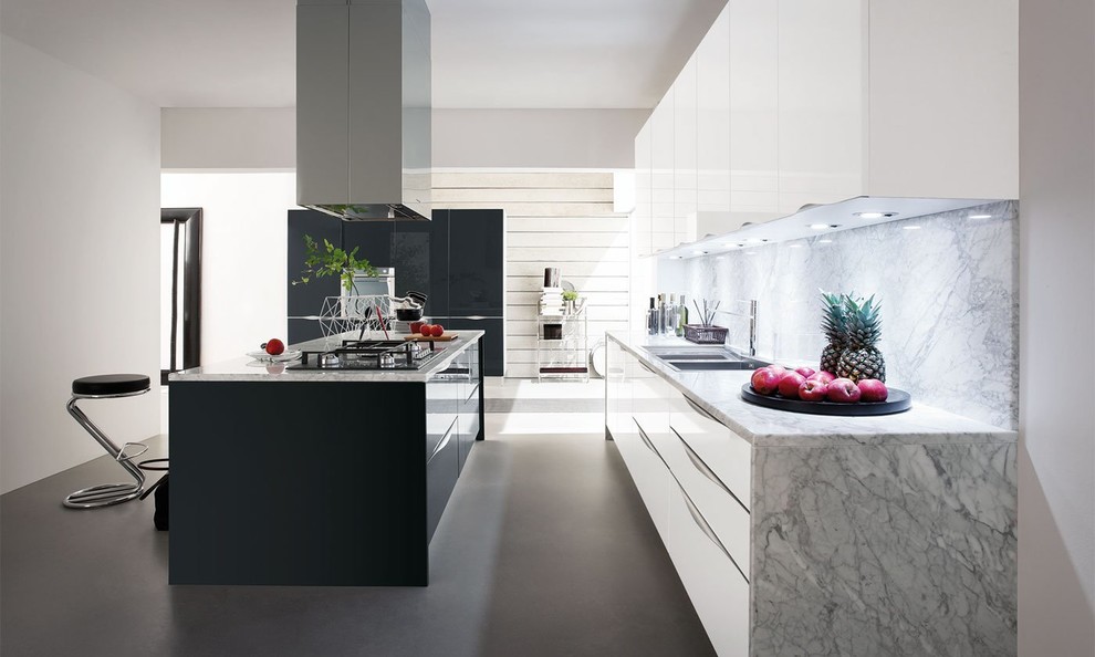 Inspiration for an expansive modern kitchen in Miami with a drop-in sink, glass-front cabinets, white cabinets, marble benchtops, grey splashback, marble splashback, stainless steel appliances, with island and white floor.