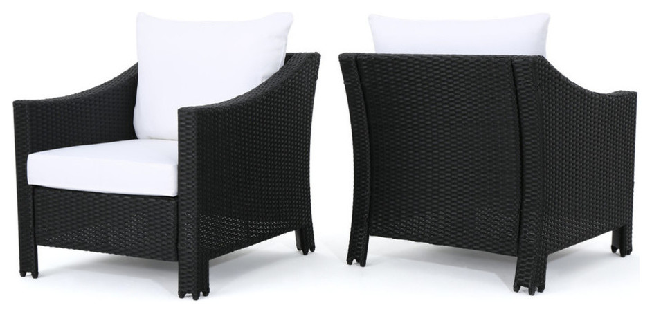 Gdf Studio Dione Outdoor Black Wicker Club Chairs With White