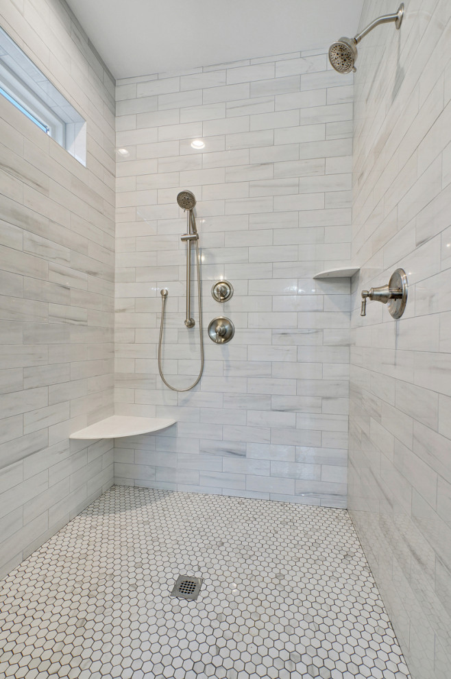Inspiration for a large traditional master bathroom in Detroit with shaker cabinets, grey cabinets, a drop-in tub, an alcove shower, ceramic tile, grey walls, vinyl floors, an undermount sink, engineered quartz benchtops, grey floor, a hinged shower door, white benchtops, a shower seat, a double vanity and a built-in vanity.