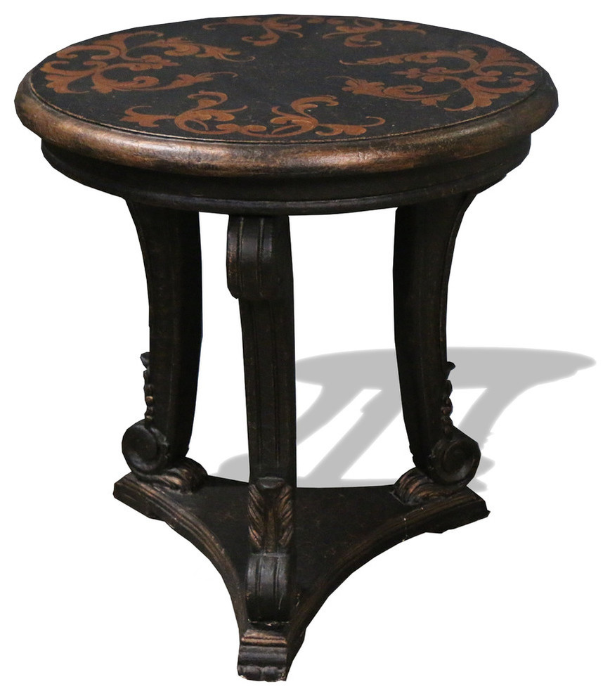 Katy Accent Table, French Black Crackled with Scrolls