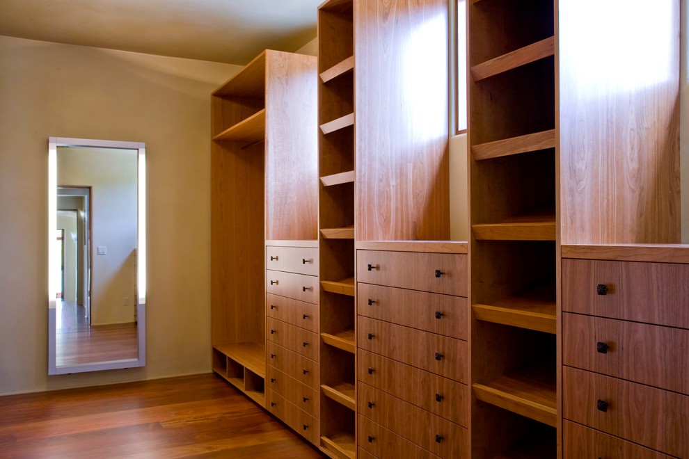 This is an example of an expansive tropical dressing room in Santa Barbara with raised-panel cabinets, dark wood cabinets, dark hardwood floors and brown floor.