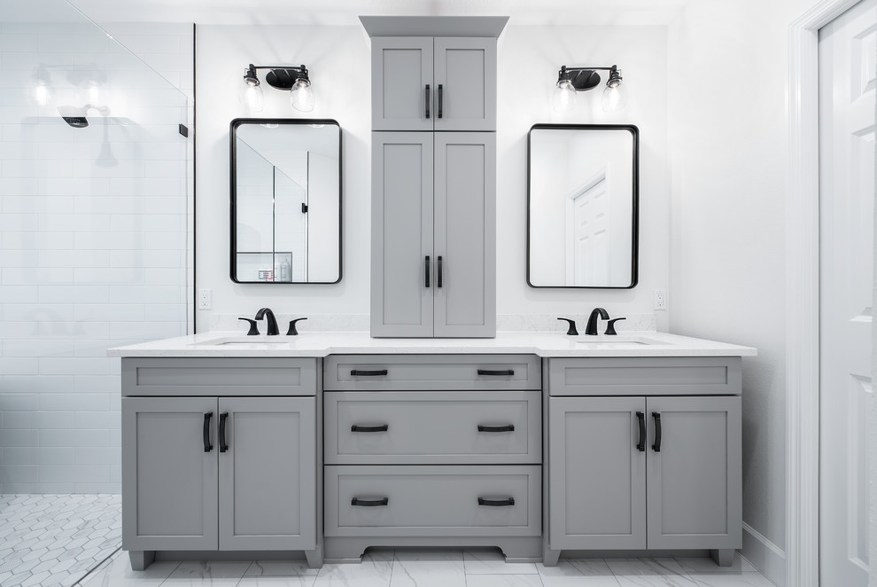Inspiration for a large transitional master bathroom in Tampa with shaker cabinets, grey cabinets, a claw-foot tub, a curbless shower, a two-piece toilet, white tile, porcelain tile, grey walls, porcelain floors, an undermount sink, engineered quartz benchtops, white floor, a hinged shower door and white benchtops.