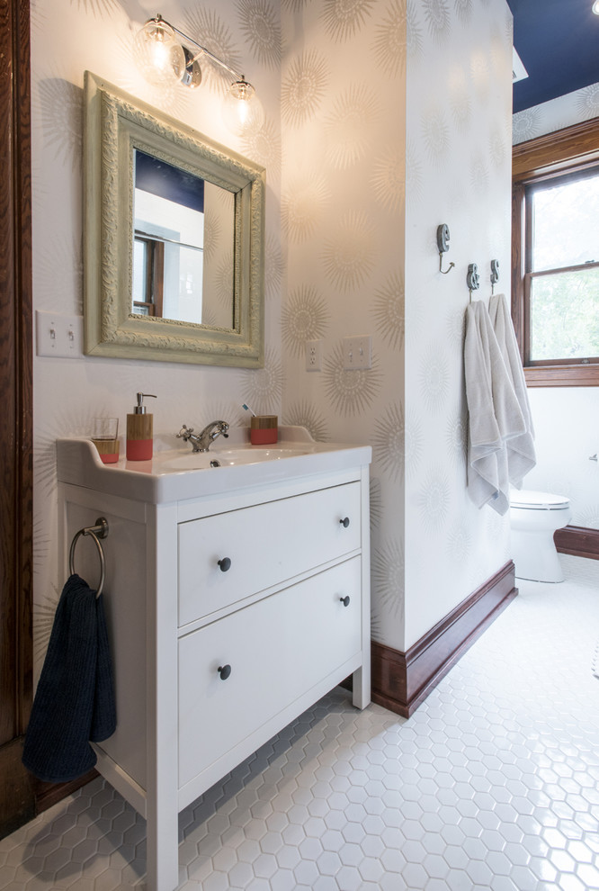 Design ideas for a large transitional bathroom in Louisville with flat-panel cabinets, white cabinets, an alcove tub, a shower/bathtub combo, white tile, ceramic tile, white walls, ceramic floors and a console sink.