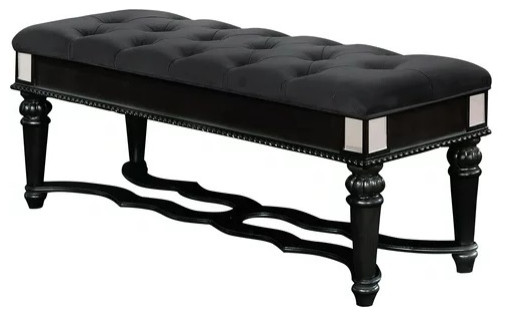 Classic Black Upholstered Bench with Unique Curved Base and Tufted Seat ...