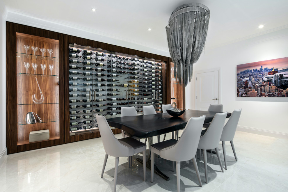 Large contemporary separate dining room in Essex with white walls, marble floors and white floor.