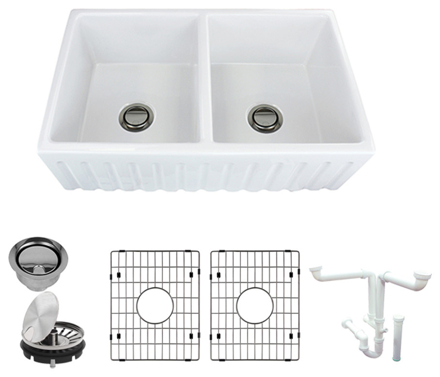 Transolid Logan 33" Farmhouse Kitchen Sink Kit with Grids
