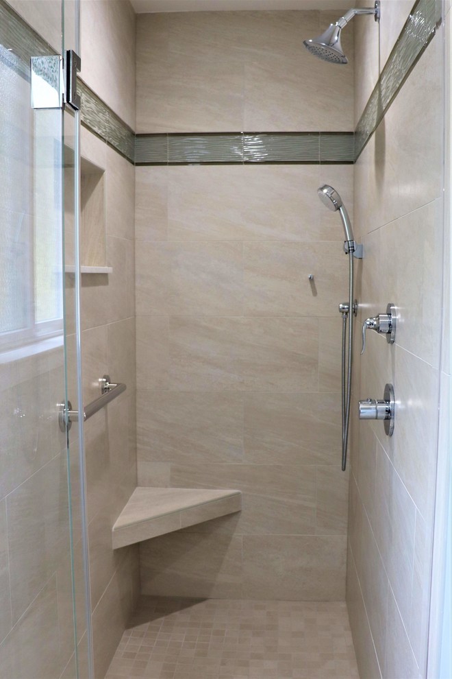 Photo of a medium sized modern bathroom in San Francisco with white cabinets, grey tiles, grey walls, grey floors and grey worktops.