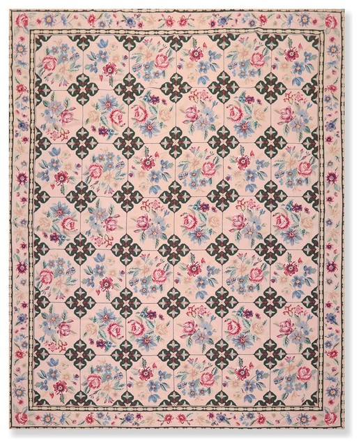 Apricot Blue Color French Aubusson Needlepoint Rug, 7'7"x9'9"