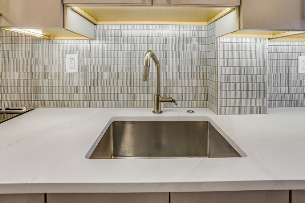 Example of a mid-sized transitional galley kitchen pantry design in DC Metro with a drop-in sink, flat-panel cabinets, light wood cabinets, stainless steel appliances and no island
