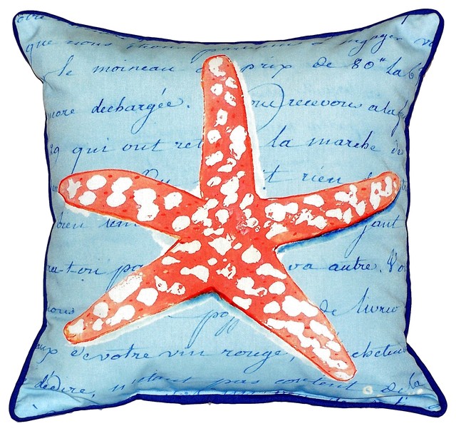Betsy Drake Coral Starfish Blue Pillow- Indoor/Outdoor