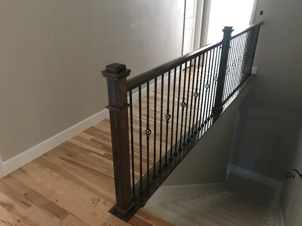 Inspiration for a mid-sized transitional carpeted straight metal railing staircase remodel in Denver with carpeted risers