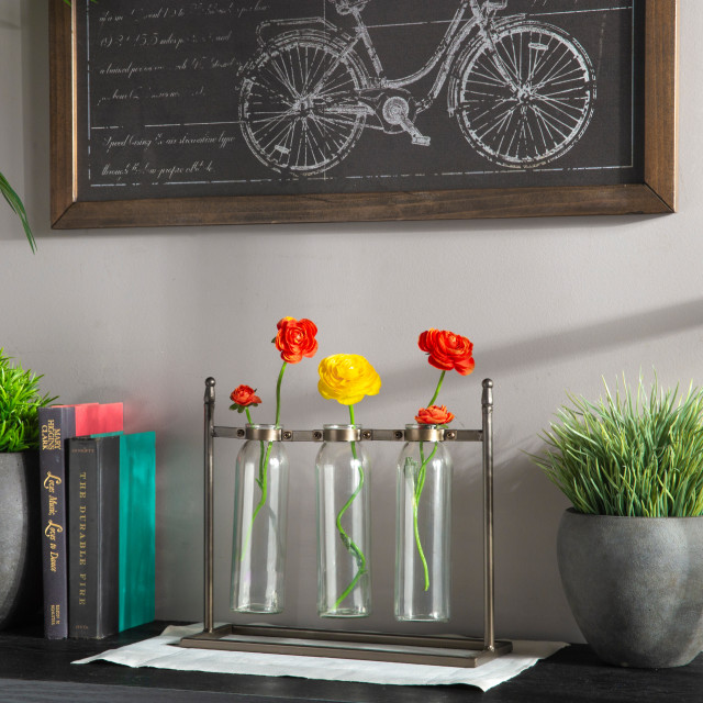 Clustered Hanging Metal Bud Vase Holder with 3 Glass Bottles, Metallic