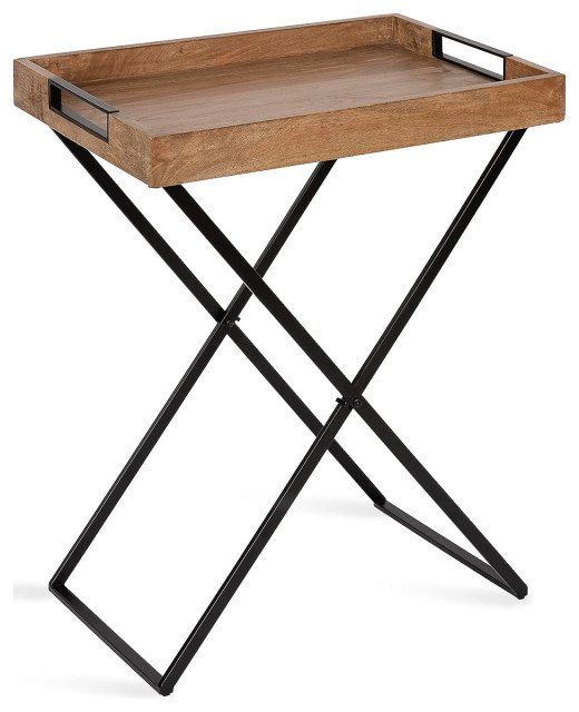 Unique Modern End Table, Crossed Frame With Tray Mango Wood Top, Natural/Black