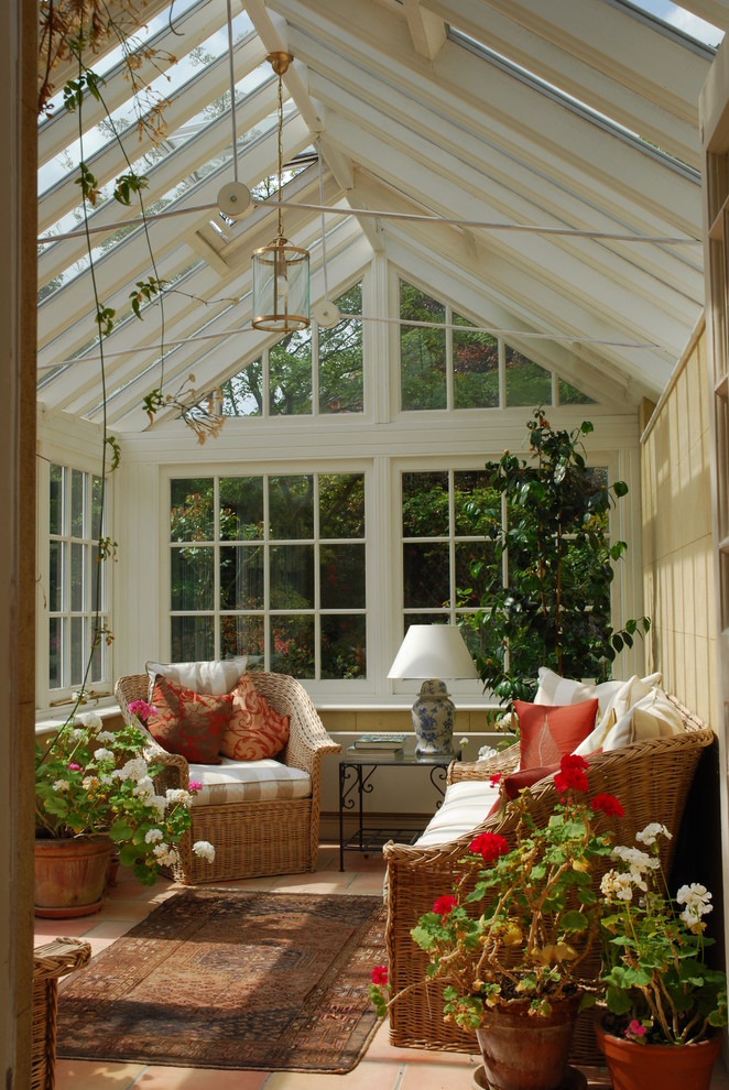 Traditional sunroom in Other with a glass ceiling.
