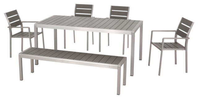 Grace Coral Outdoor 6 Seater Dining Set With Dining Bench, Gray/Silver