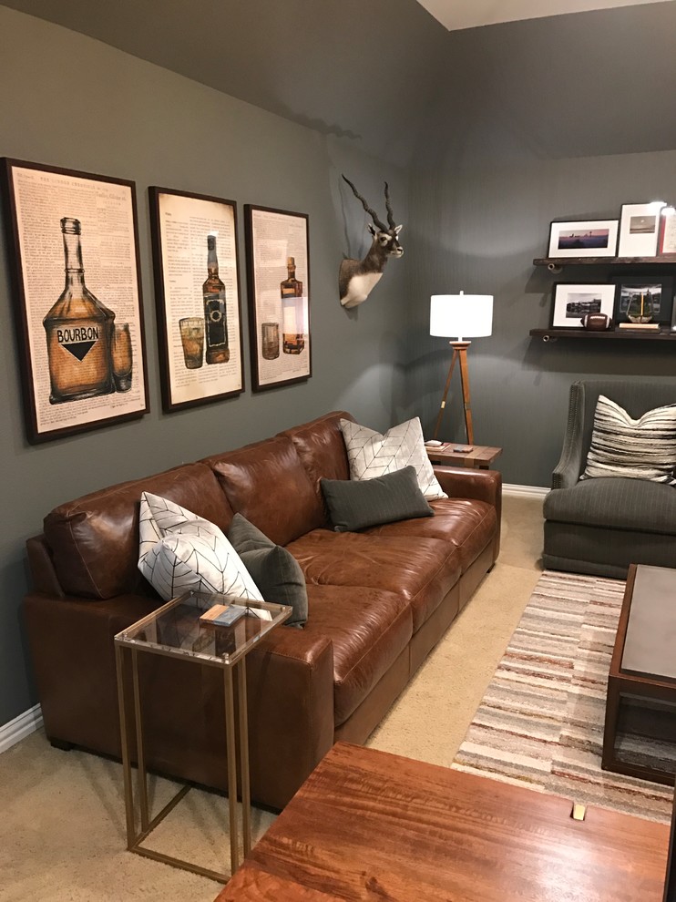 Design ideas for a mid-sized country study room in Dallas with grey walls, carpet, a hanging fireplace, a freestanding desk and beige floor.