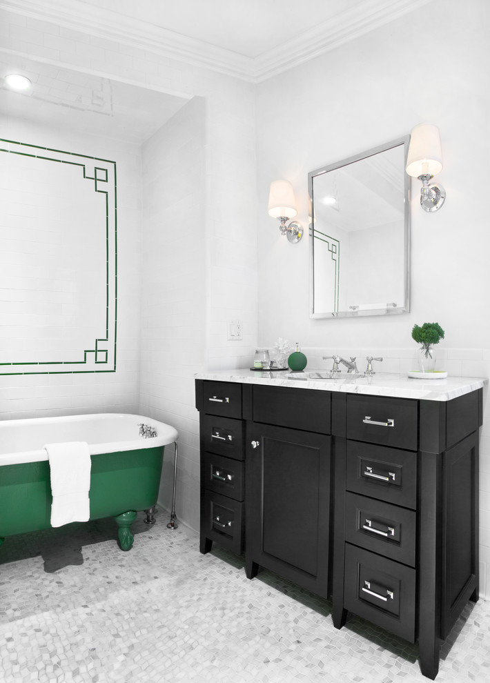 Design ideas for a traditional bathroom in Chicago with ceramic tile and a claw-foot tub.