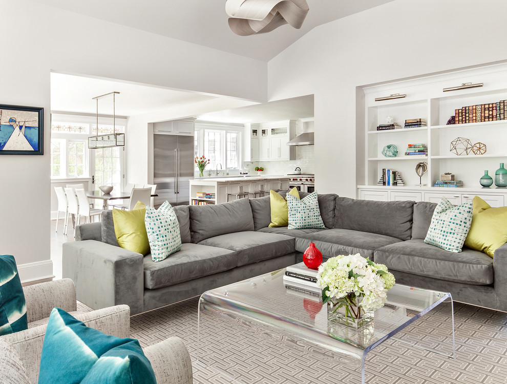 Design ideas for a mid-sized transitional open concept family room in New York.