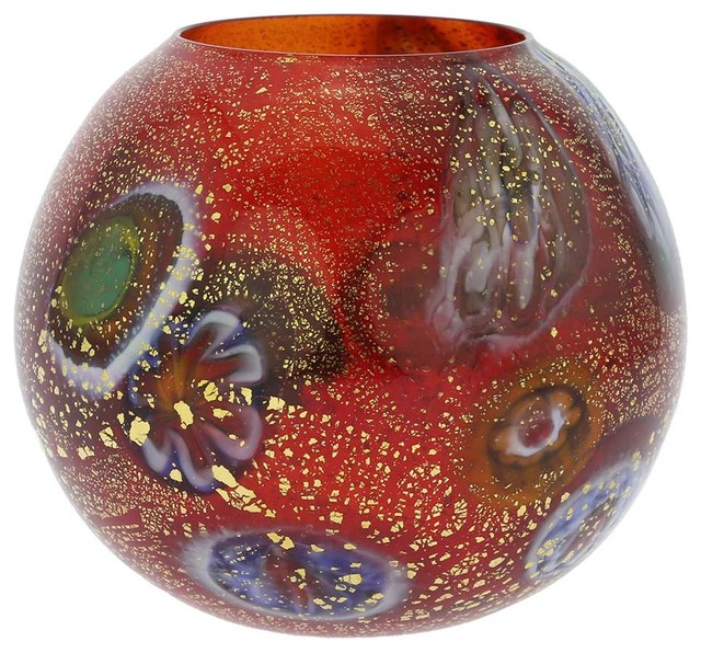 GlassOfVenice Murano Glass Millefiori Votive Candle Holder - Red