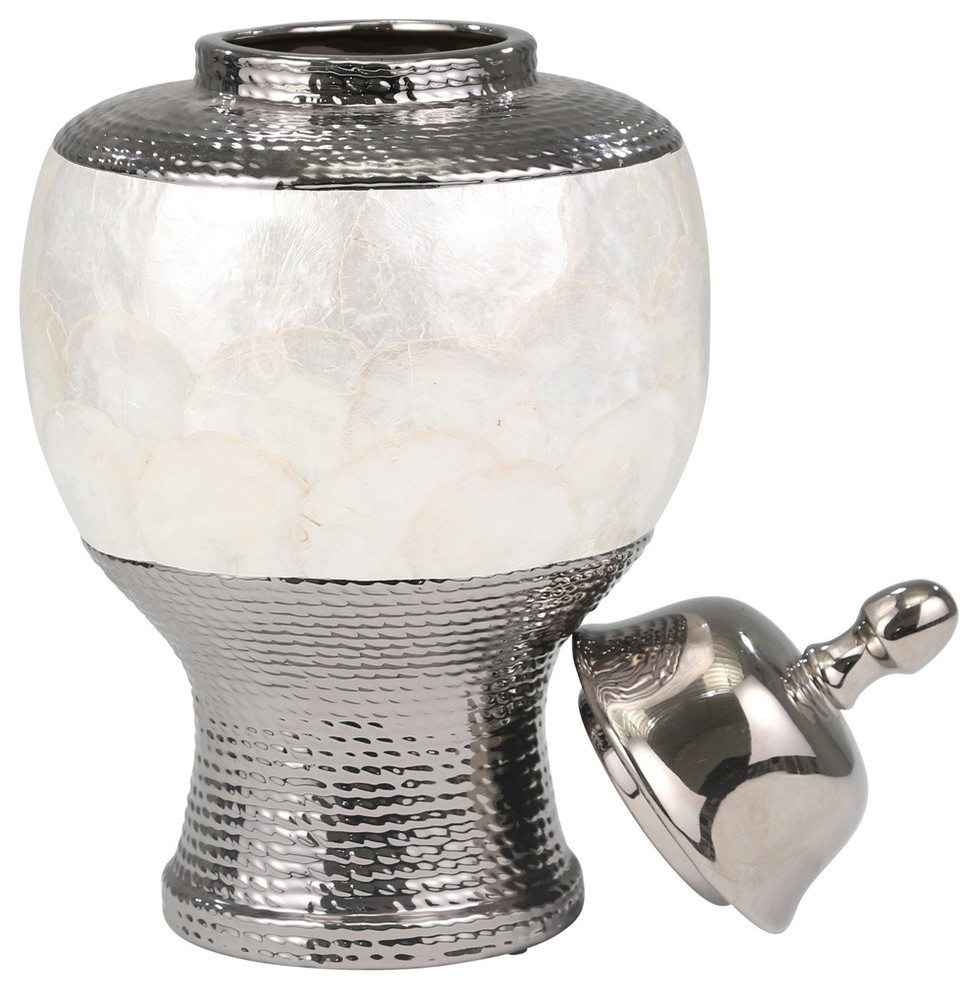 Pearl Rotund Covered Jar, Ceramic, Silver and White