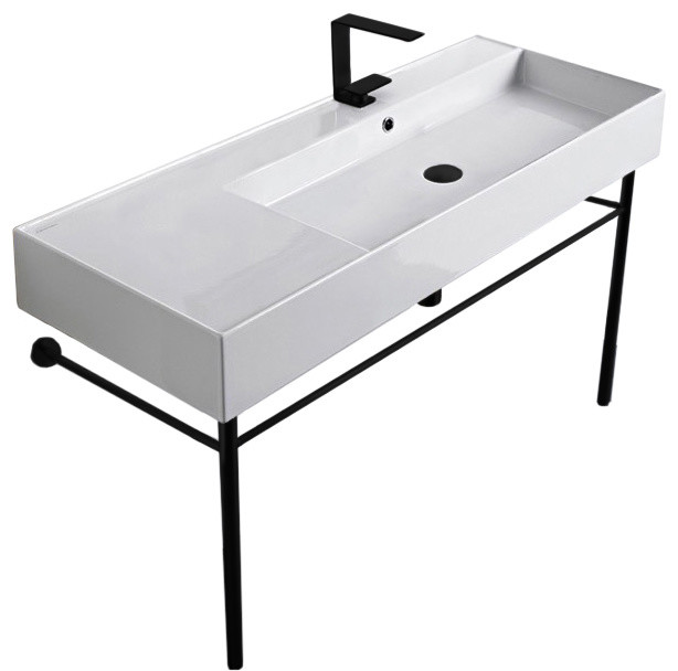 Ceramic Console Sink and Matte Black Stand Contemporary Bathroom