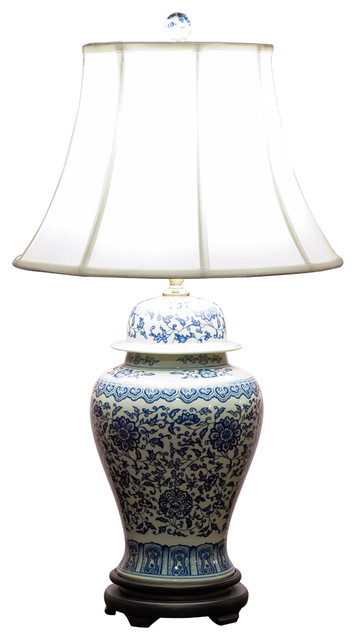 Blue And White Porcelain Lamp With Silk Shade Asian Table Lamps By China Furniture And Arts