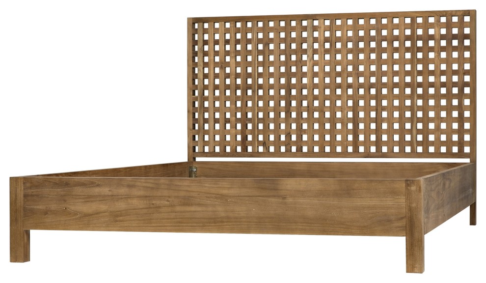86" Queen Bed Solid Teak Wood Lattice Pattern Headboard Natural Finish