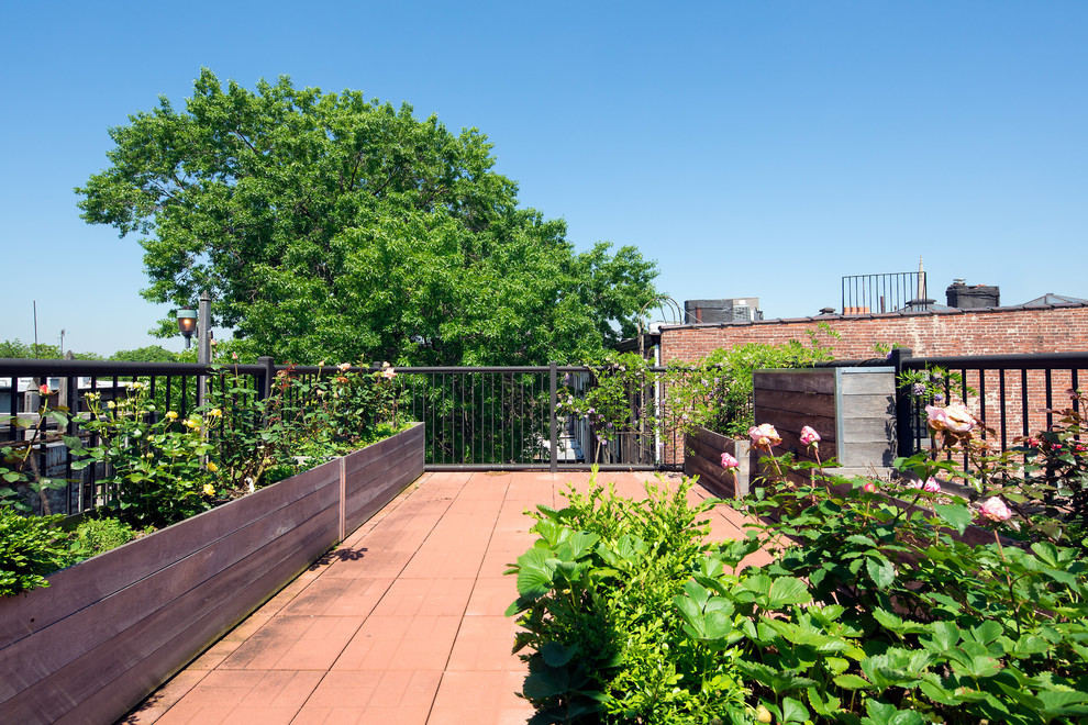 Large traditional rooftop and rooftop deck in New York with a container garden and no cover.