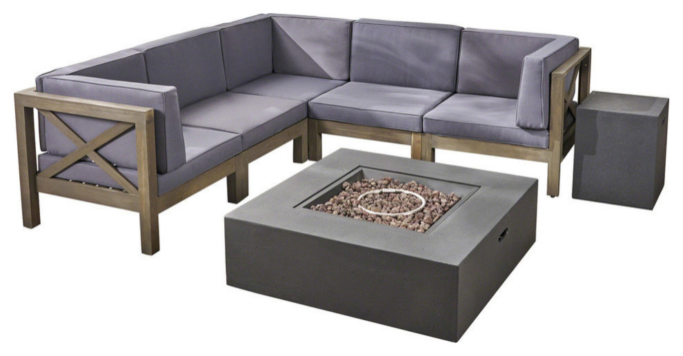 GDF Studio 7-Piece Cytheria Outdoor Sectional Acacia Wood Sofa Set With Fire Pit, Gray Finish/Dark Gray