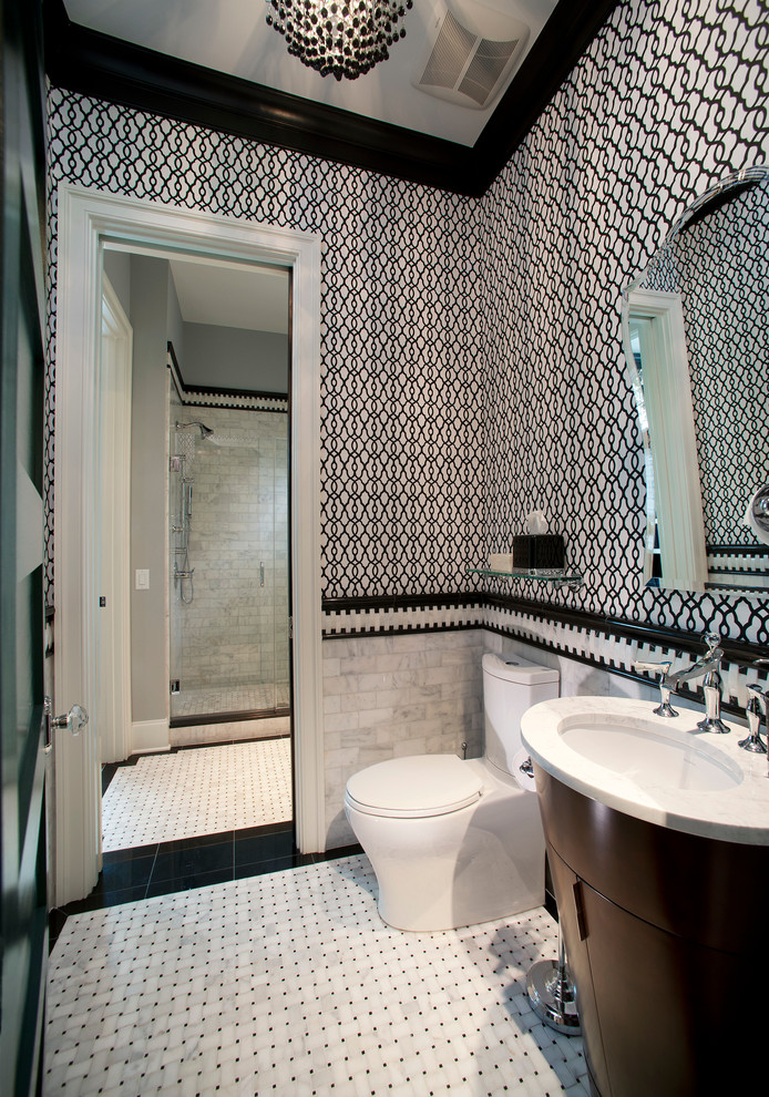 Photo of a traditional bathroom in Philadelphia with an undermount sink, flat-panel cabinets, dark wood cabinets, an alcove shower, a two-piece toilet and white tile.