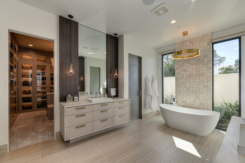 Contemporary bathroom in Sacramento with flat-panel cabinets, grey cabinets, a freestanding tub, an alcove shower, grey walls, a drop-in sink, beige floor, white benchtops, a double vanity and a built-in vanity.