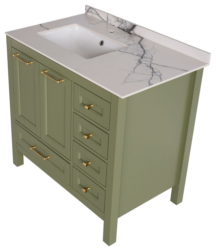 Design ideas for a bathroom in DC Metro with green cabinets, an undermount sink, engineered quartz benchtops, a single vanity and a built-in vanity.