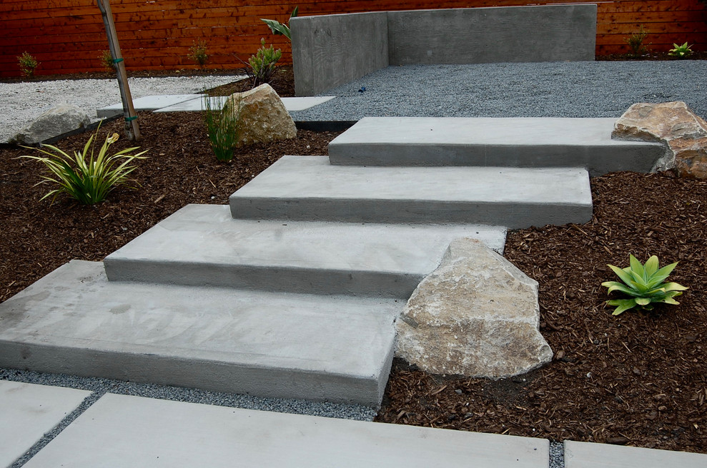 Photo of a mid-sized contemporary backyard full sun xeriscape for spring in San Francisco with with rock feature and concrete pavers.