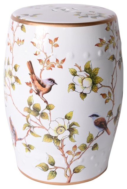 White Garden Stool With Fl And Bird, White Garden Stool Ceramic