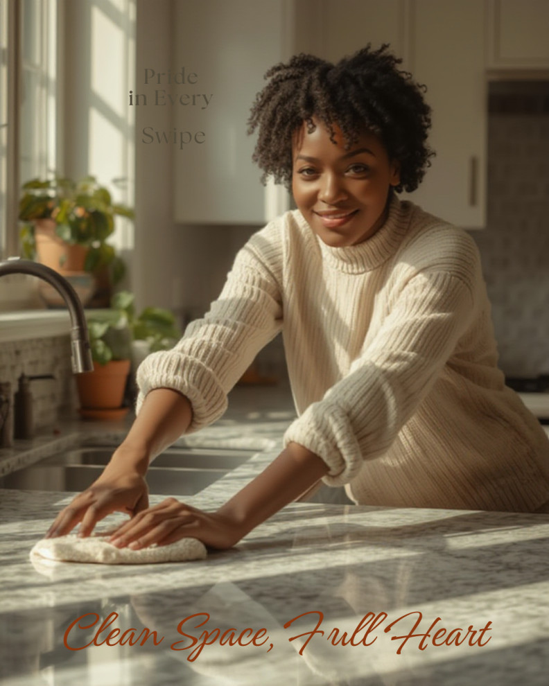 Homeowner wiping down countertops