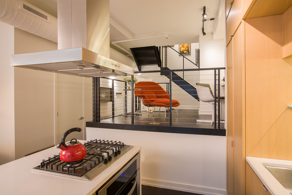Photo of a small modern kitchen in DC Metro with dark hardwood floors.