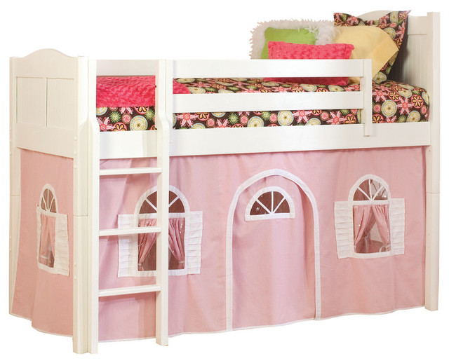 Cottage Twin Low Loft Bed White With Pink And Bottom Curtain Cottage Twin Low Loft Bed White With Pink And Bottom Curtain